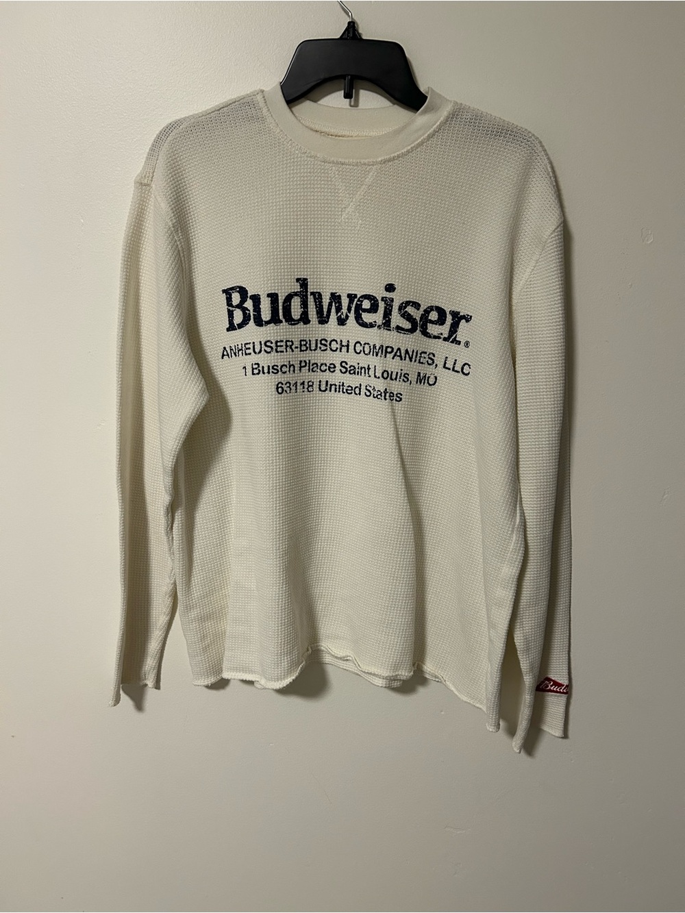 Vintage Budweiser Cream Long-Sleeve Waffle Knit Sweater